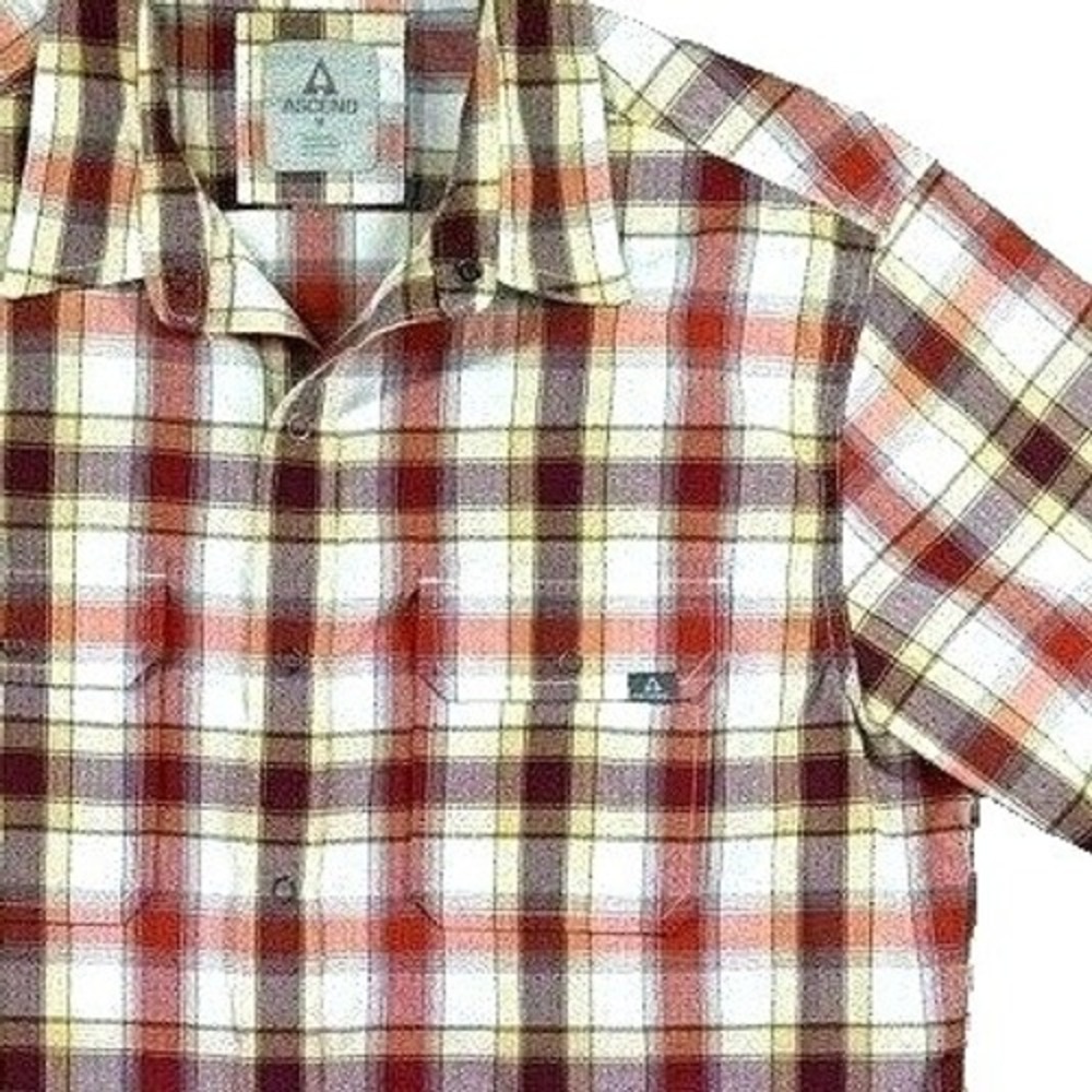 Ascend Shirt Men M Textured S/S Rust Plaid Flap Pockets Golf Active Hiking